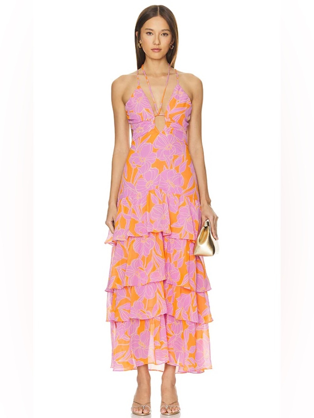 ASTR Pink and Orange Floral Halter Tiered Maxi Dress